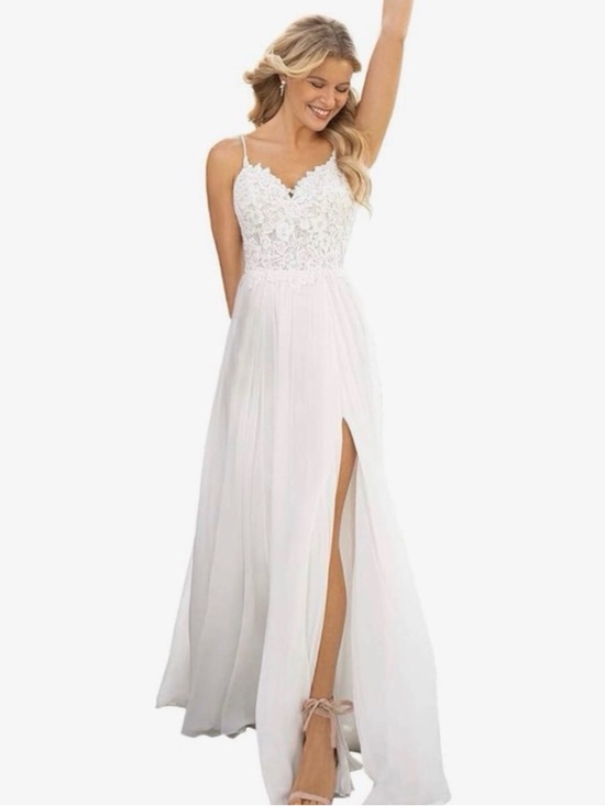 Dresses & Skirts - Lace Bodice Spaghetti Strap White Maxi wedding styled Dress with Side Slit